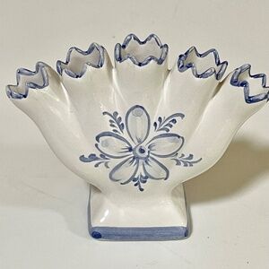 Vintage Five Finger Hand Painted Blue White Floral Vase Made in Portugal
